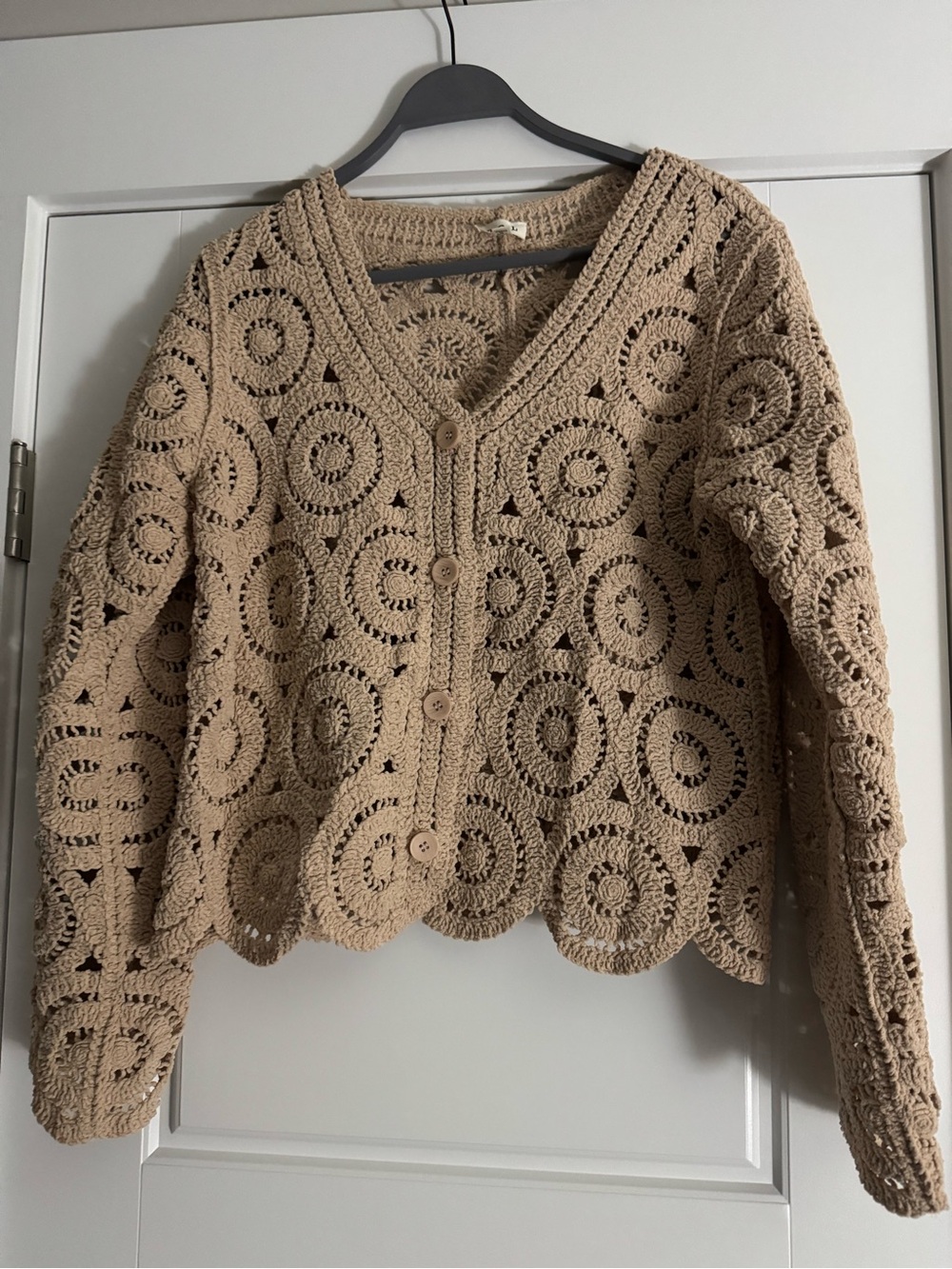 Boutique Crochet Button-Front Cardigan Sweater in Beige